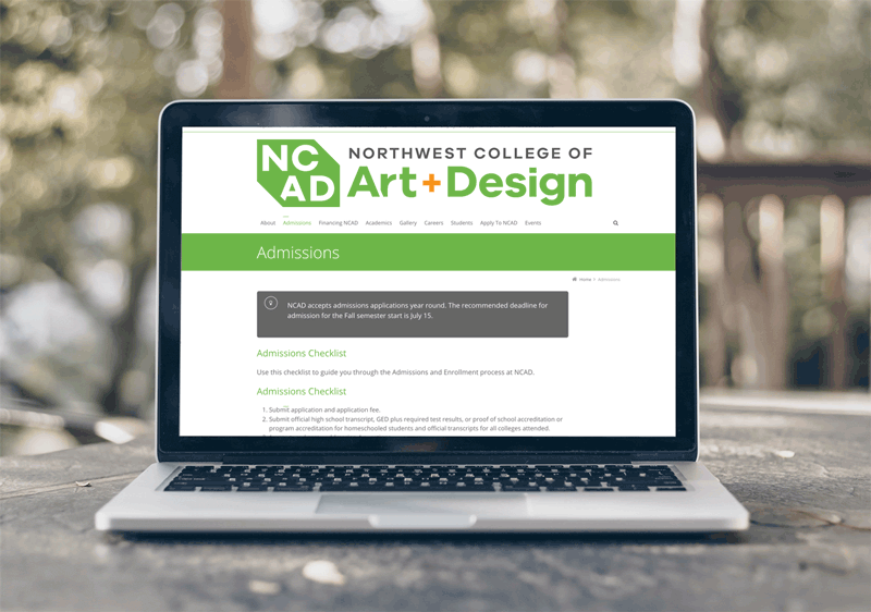 A scrolling GIF of the admissions page on the old NCAD website